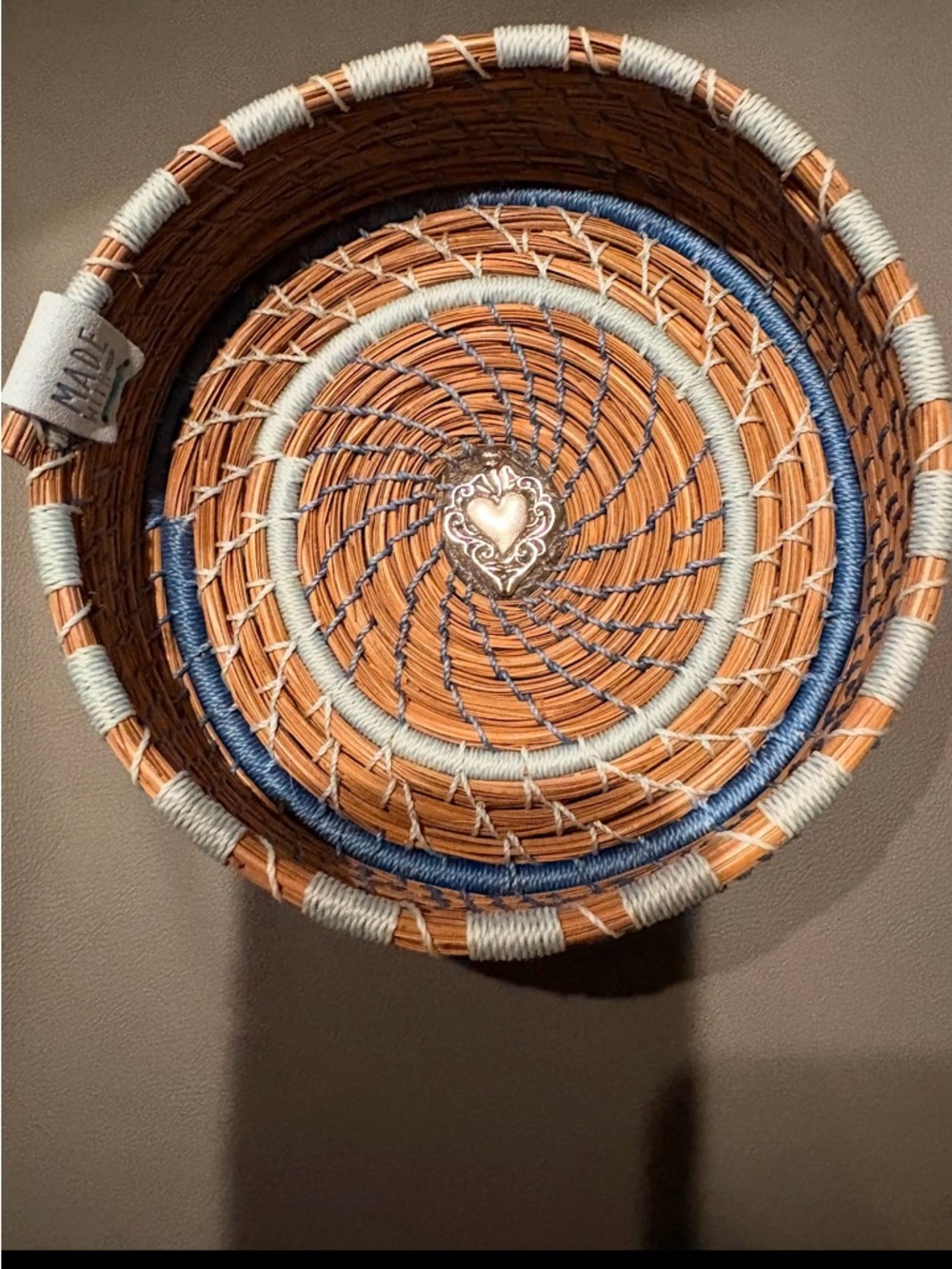Handmade pine needle Decorative Basket with Blue and Cream Accents